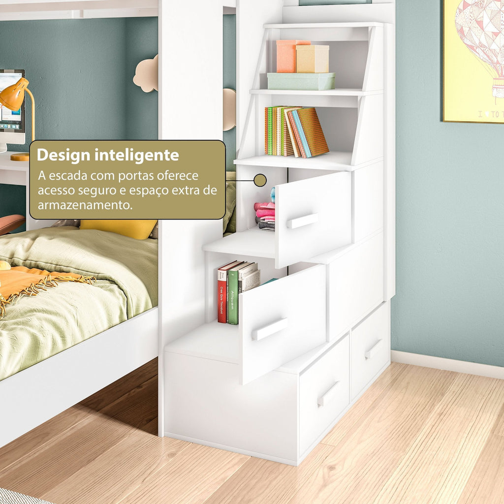 Beliche Office Infantil Moon com Escrivaninha em L e Escada 2 Portas e 2 Gavetas Yescasa Branco