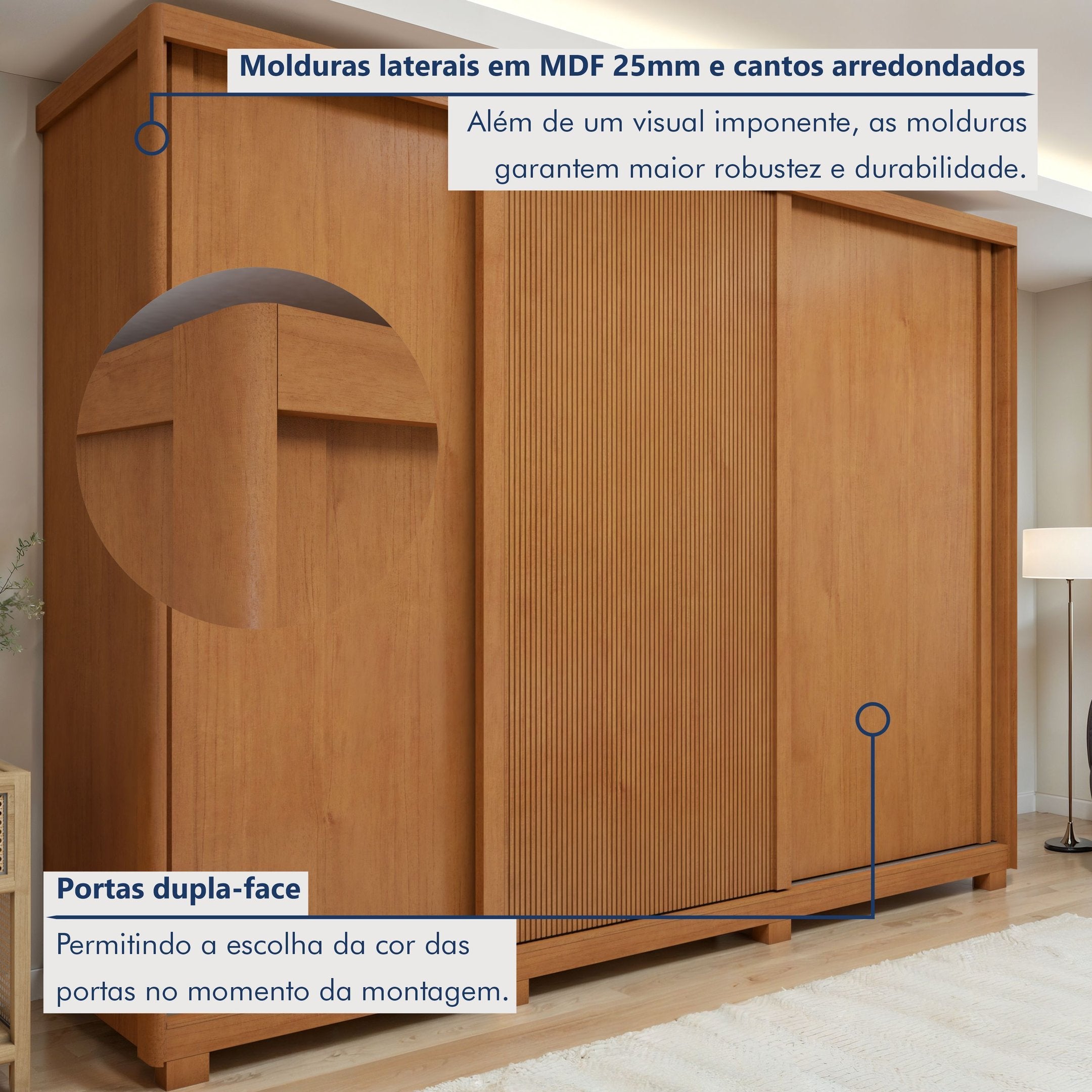 Guarda-Roupa Casal 3 Portas 6 Gavetas com Pés Ollie Yescasa 100% MDF Marrom Amêndoa Clean/Off White