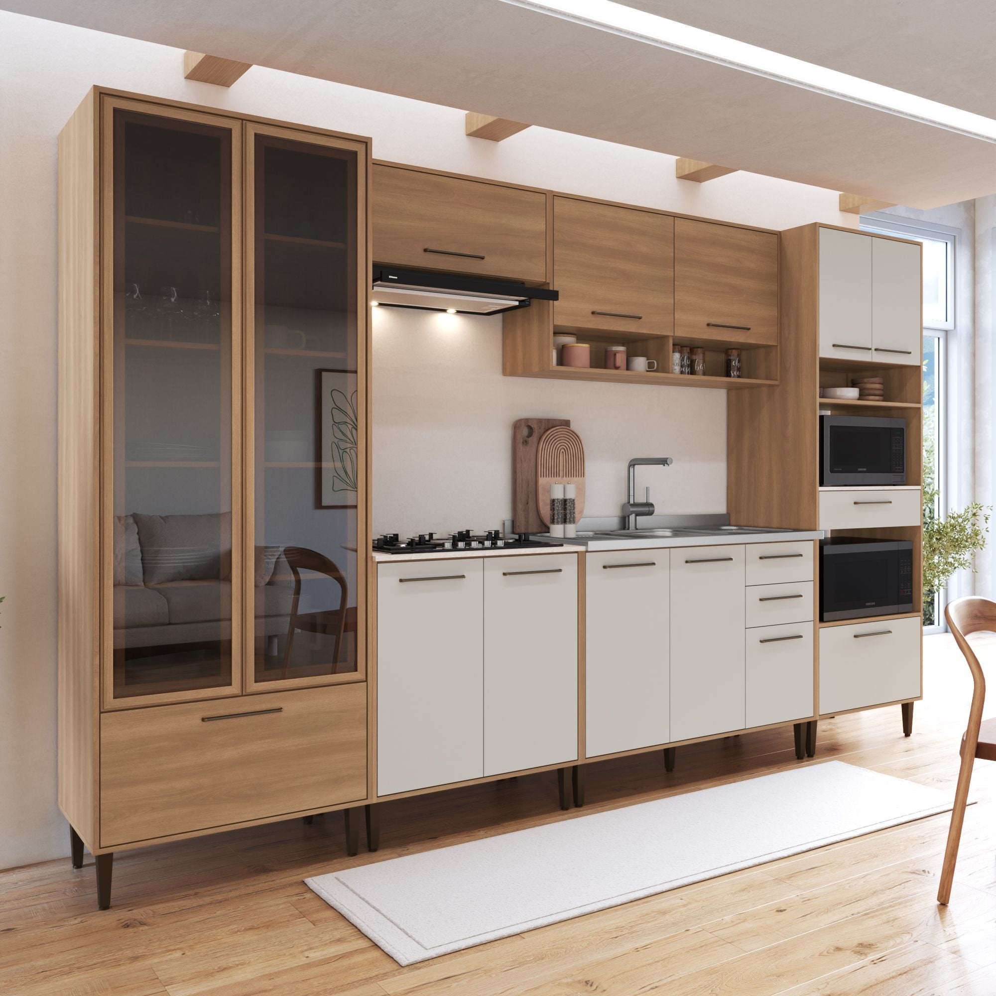 Cozinha Modulada Completa 6 Peças Cristaleira 12 Portas 3 Gavetas Jade Marrom/Freijó/Arenas Delmarco Móveis
