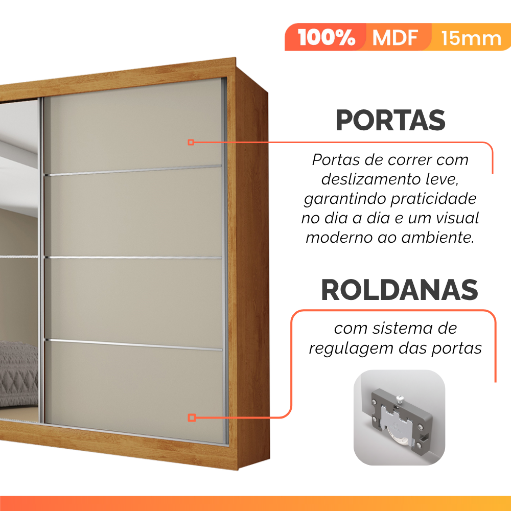 Guarda-Roupa Casal 2 Portas de Correr com Espelho 4 Gavetas Flex 100% MDF Europa Áustria