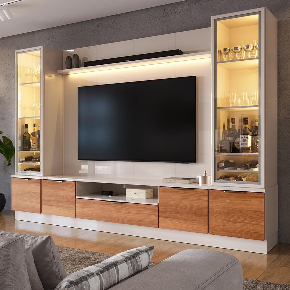 Estante Home Noble 270cm para TV até 75 Polegadas com 2 Cristaleiras Portas Reflecta e LED Movelove