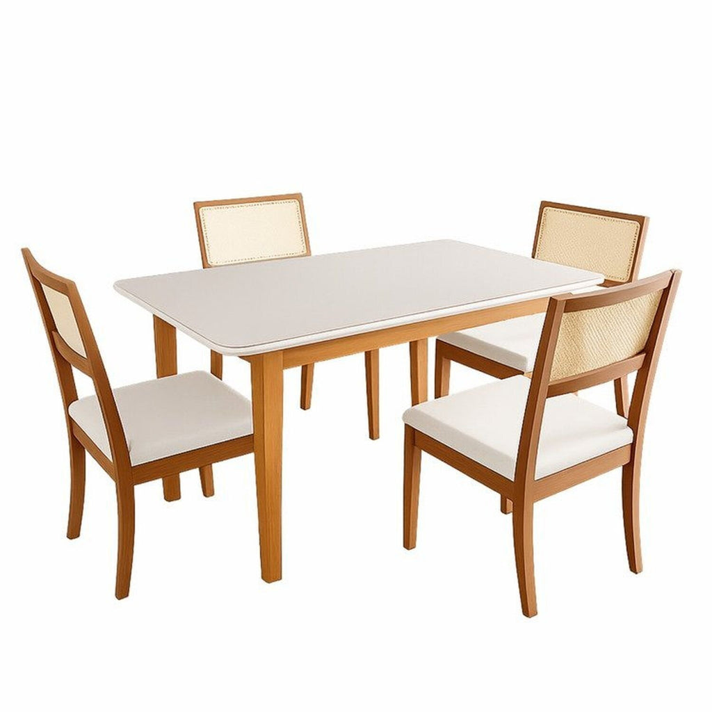 Conjunto Sala de Jantar Tangará Tiê Mesa com 4 Cadeiras Madeira Maciça Tampo MDF e Vidro CabeCasa MadeiraOriginals Bege/Cara