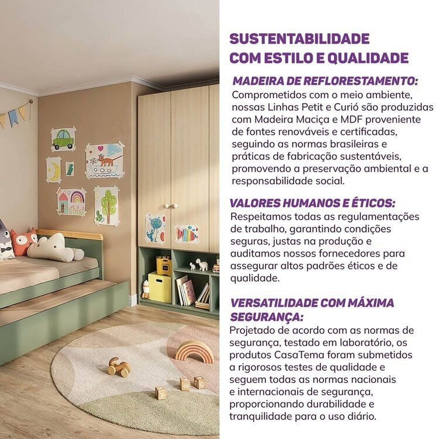 Quarto Infantil Completo Guarda-Roupa Curió e Bicama Petit Casatema Verde/Mel