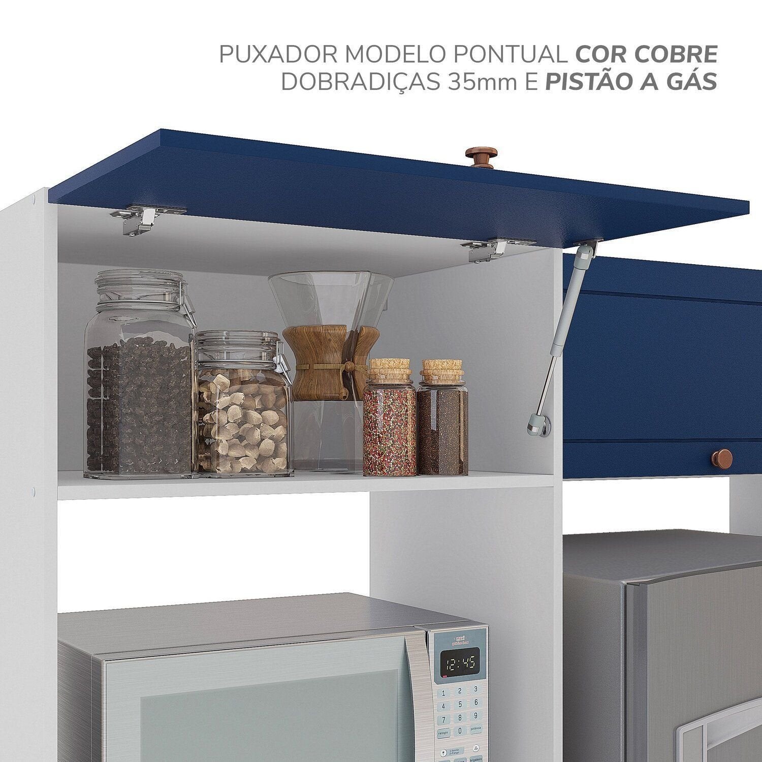 Cozinha Completa Modulada Pérola 4 Peças Torre Quente Aéreo 3 Portas Balcão 2 Gavetas Basculante Azul/Branco 270,2x219,4x52cm