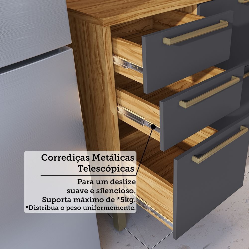 Cozinha Completa Modulada 100% MDF Vicenza Espresso Móveis 6 Peças 12 Portas 4 Gavetas Vidro Amêndoa/Chumbo 354,5x225x47cm