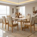 Conjunto Mesa com Vidro Pés Madeira Maciça 6 Cadeiras Madeira Dakota Tecido A40 Marrom Móveis Meneghetti