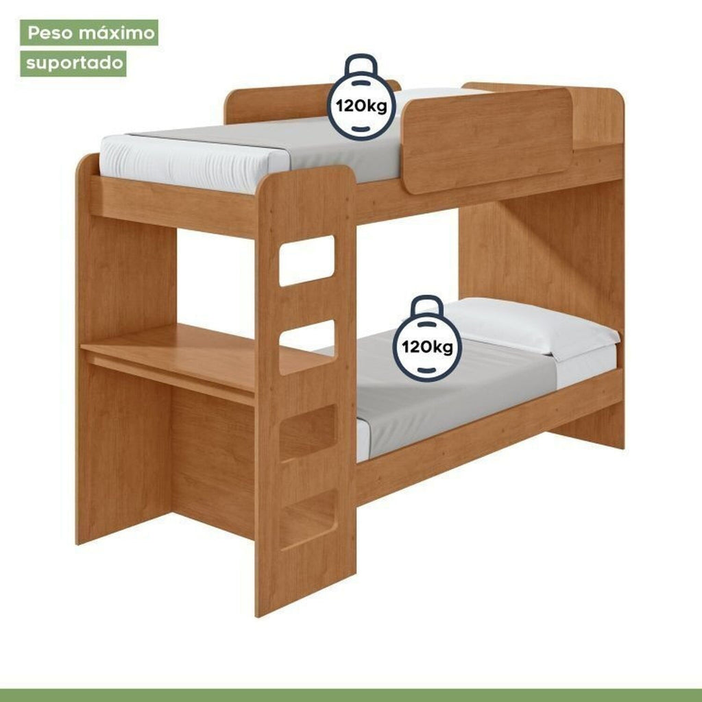 Kit Quarto Infantil 4 Peças com Beliche Olga Cômoda e Mesa de Cabeceira Baião Marrom Amêndoa Clean Móveis Lopas