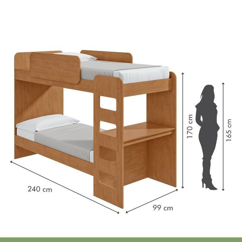 Kit Quarto Infantil 4 Peças com Beliche Olga Cômoda e Mesa de Cabeceira Baião Marrom Amêndoa Clean Móveis Lopas