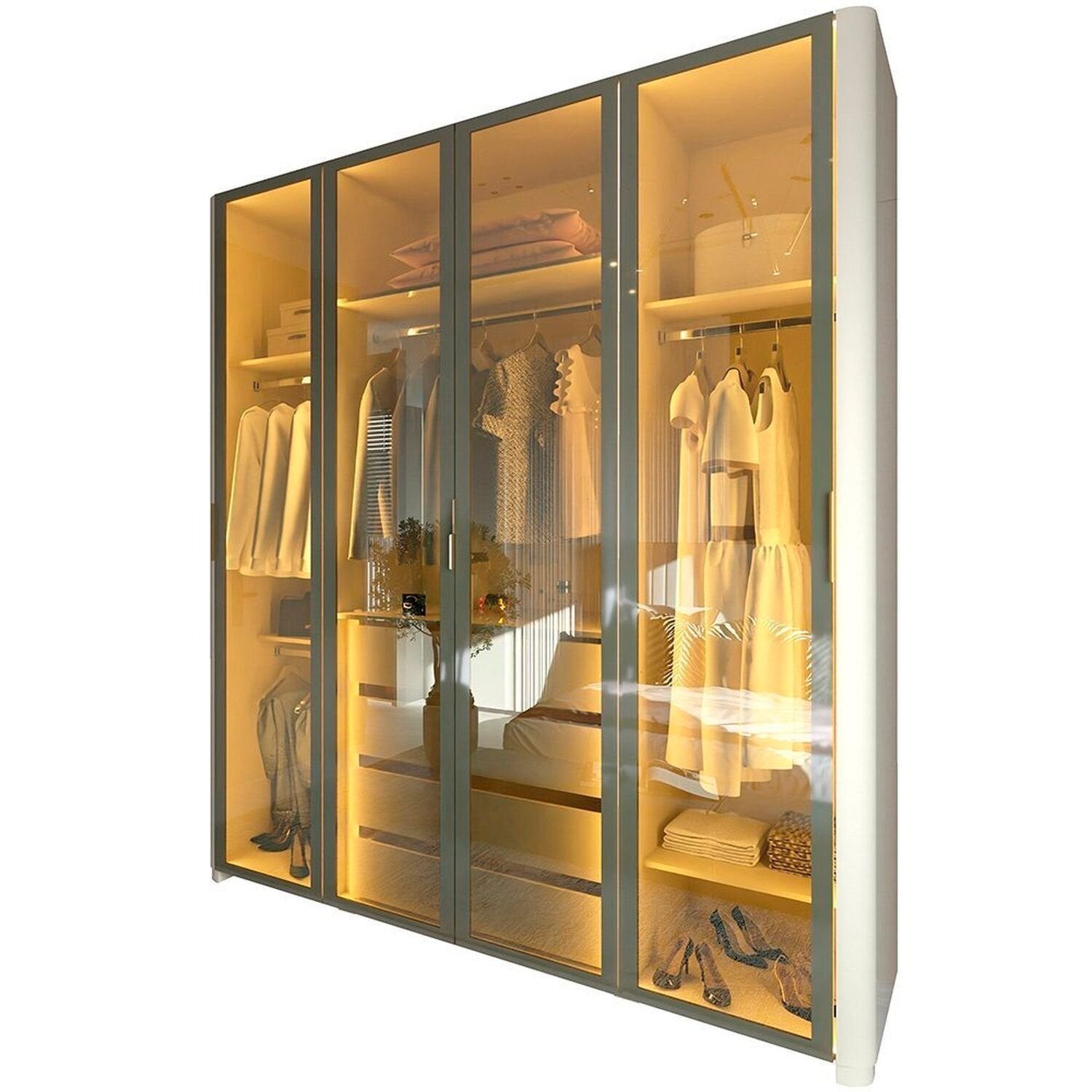 Guarda-Roupa Solteiro 4 Portas Reflecta com Pés e LED 100% MDF Innova Gelius Móveis Bege/Off White