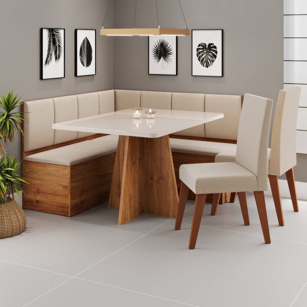 Conjunto Canto Alemão com Baú Mesa 120x77,8cm Tampo Vidro e 2 Cadeiras Milão Viero