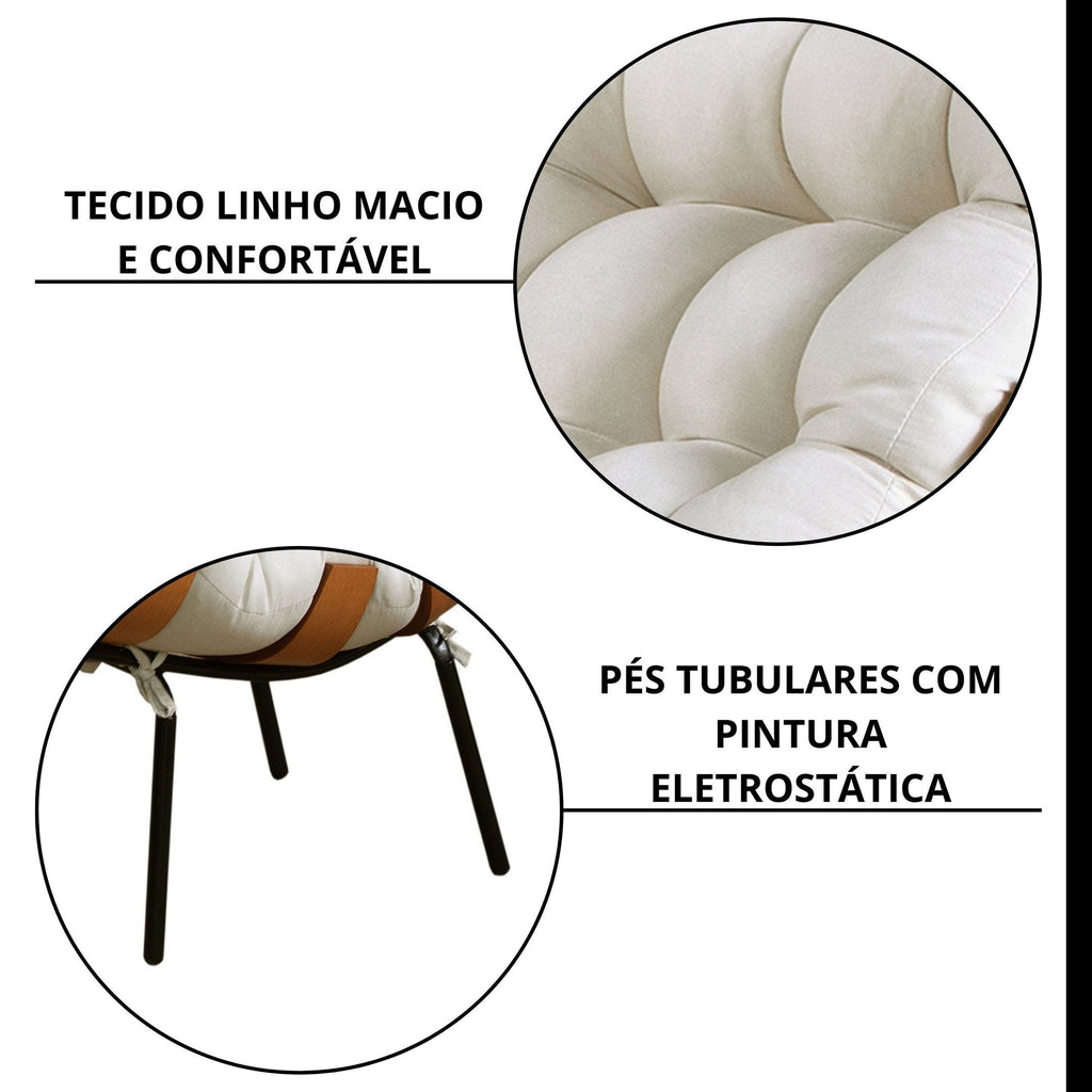 Poltrona com Puff em Linho Costela Bege/Off White 67cm House Deccor