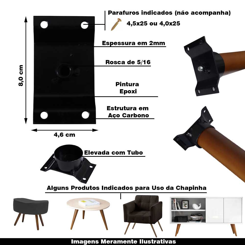 Kit 12 Chapinhas Chapa Elevada com Tubo Fixação Pés Palito Rosca 5/16 Preto Gran Belo