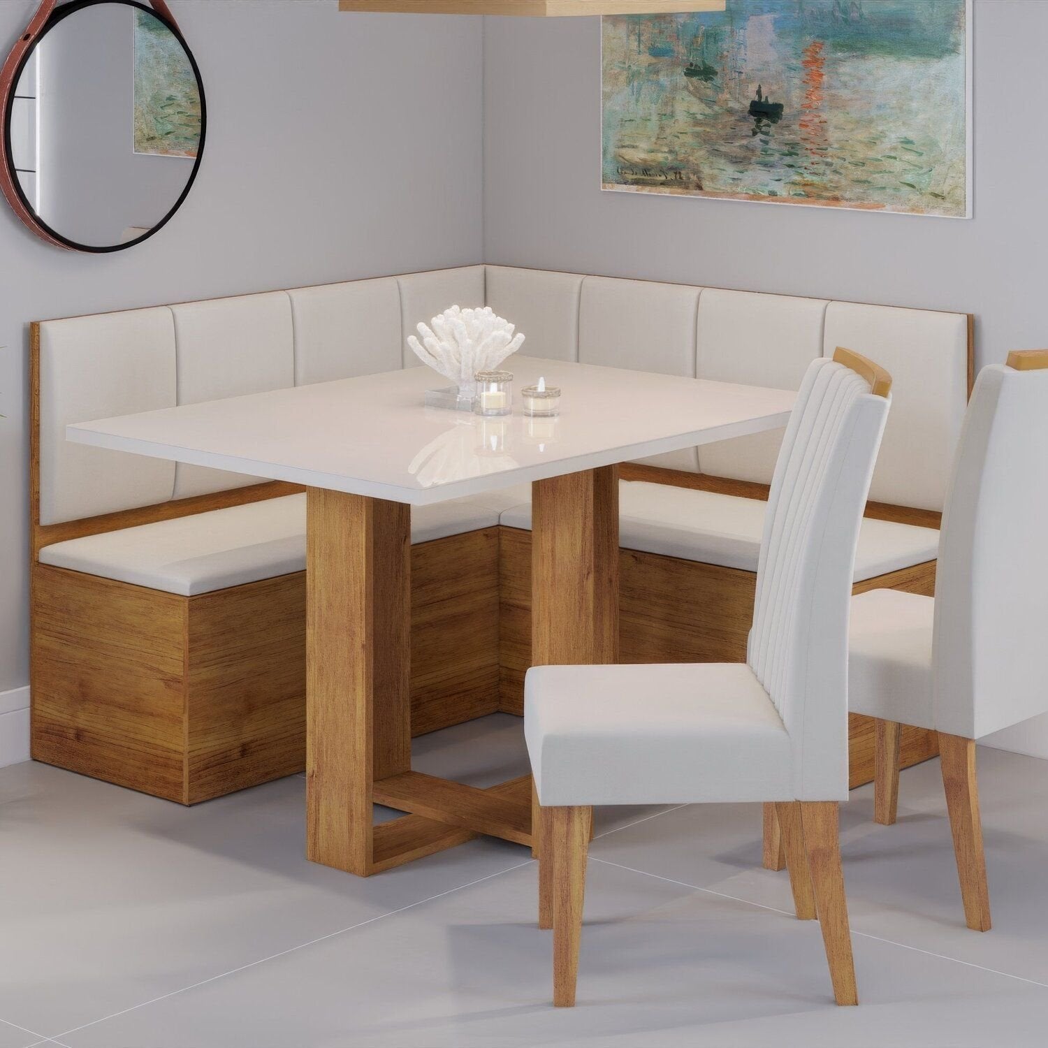 Conjunto Canto Alemão Baú com Mesa Retangular 120x80cm Tampo Vidro e 2 Cadeiras Yescasa