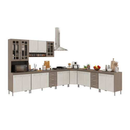 Armário de Cozinha Modulada Completa Fidelitá Paris 7 Peças 600cm 16 Portas 6 Gavetas com Tampo
