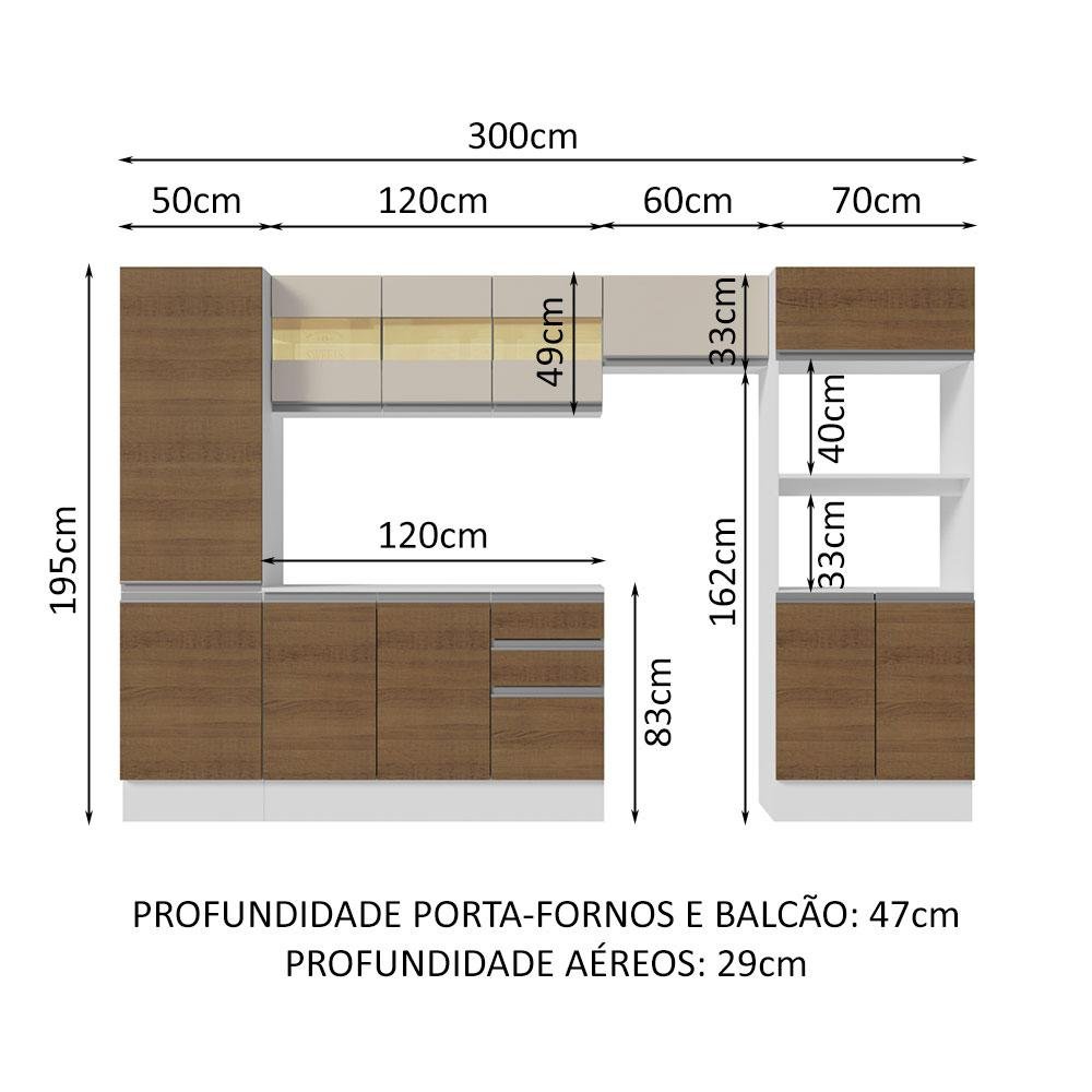 Armário de Cozinha Completa 100% MDF 300cm Branco/Rustic/Crema Smart Madesa 03