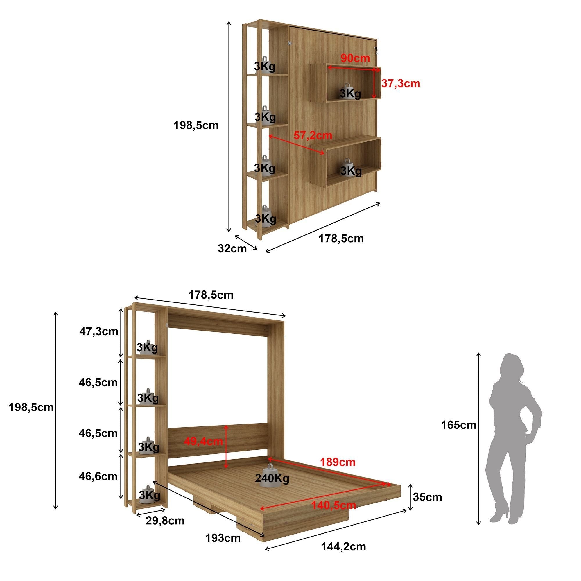 Cama Articulada Casal 4 Prateleiras 2 Nichos CM8014 Tecno Mobili Laranja/Amêndoa
