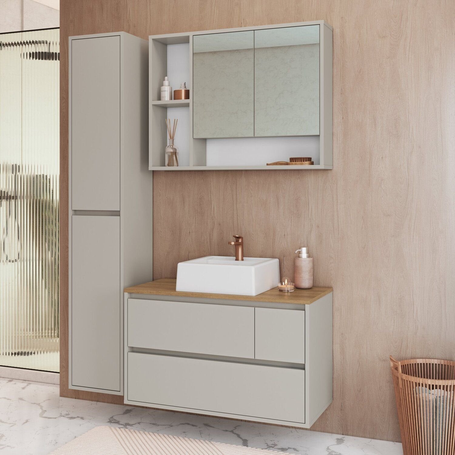 Conjunto para Banheiro Modulado 3 Peças Gabinete Suspenso com Cuba Belarus Art in Móveis 108cm Arenas