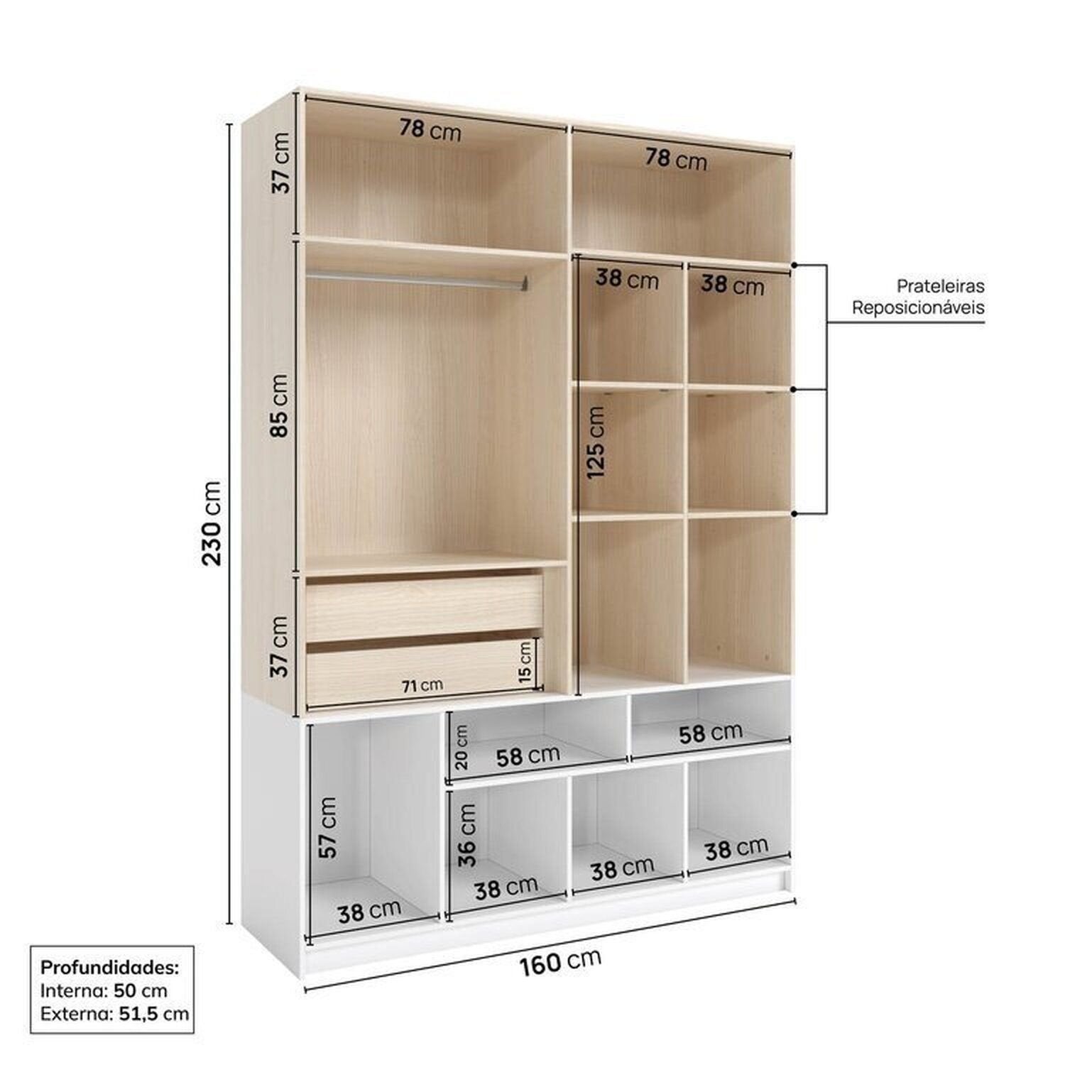 Quarto Completo Infantil Guarda-Roupa Curió, Bicama, Mesa, Estante e Petit Casatema MadeiraOriginals Branco/Mel