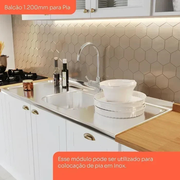 Balcão para Cozinha 3 Gavetas 2 Portas com Tampo Emily Espresso Móveis Branco/HP/Calcare