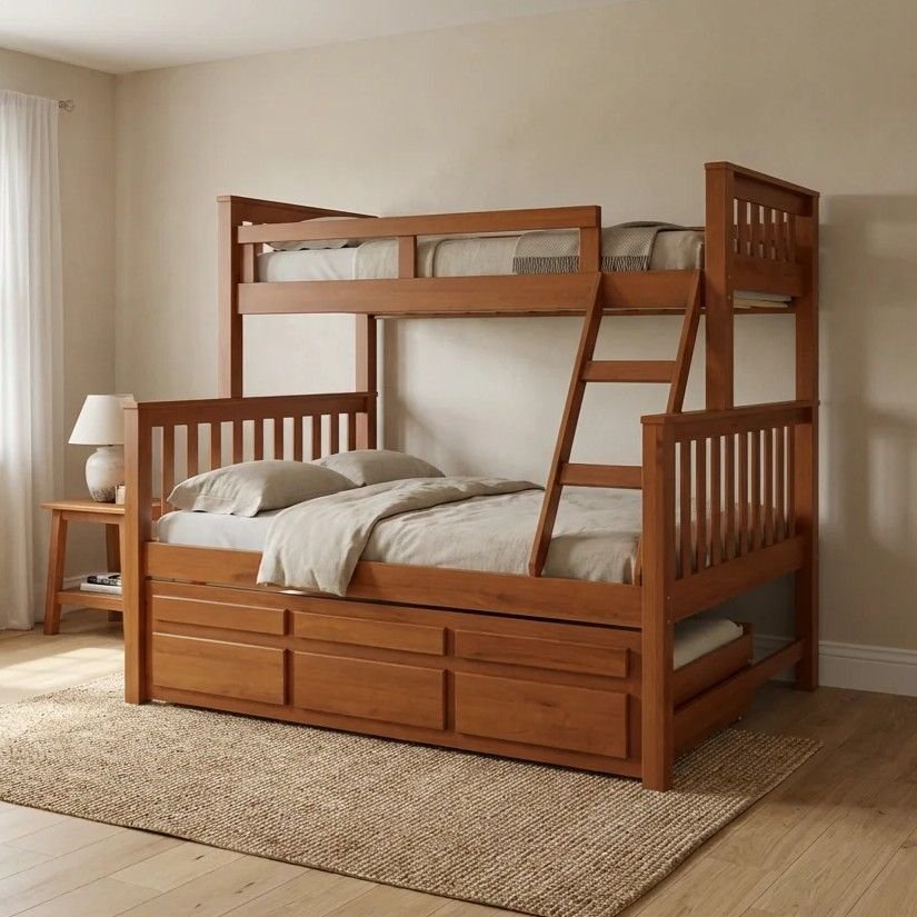 Triliche Cama Casal Madeira Maciça Pinus com Cama Auxiliar e 3 Gavetas Móveis Saraiva Castanho Claro