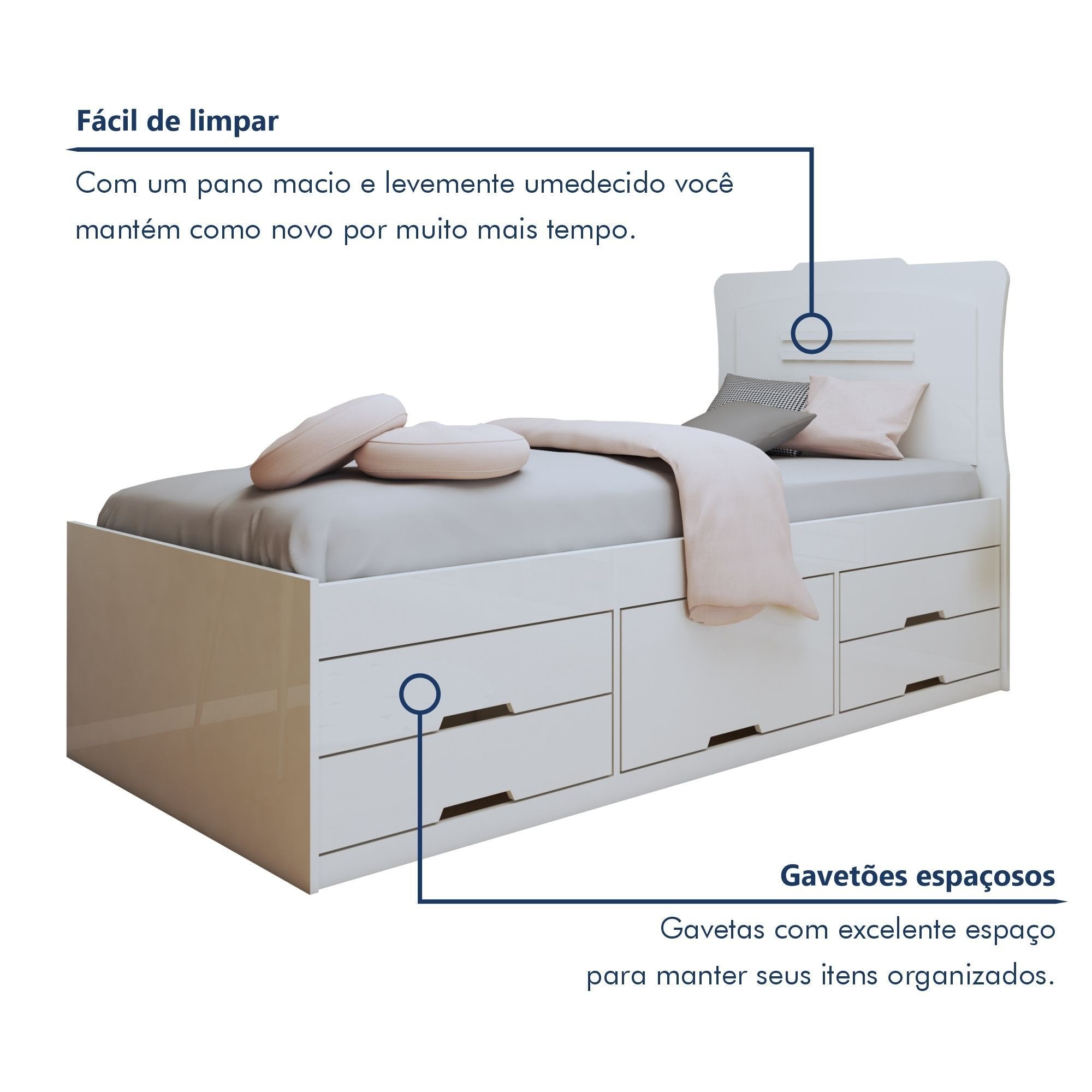 Conjunto 2 Cama Solteiro 5 Gavetas Júlia Conquista Móveis Branco