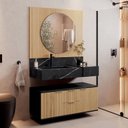 Conjunto para Banheiro Bancada Porcelanato Cuba Esculpida Armário Espelho Ripy Bumi 100cm Amarelo/Wood