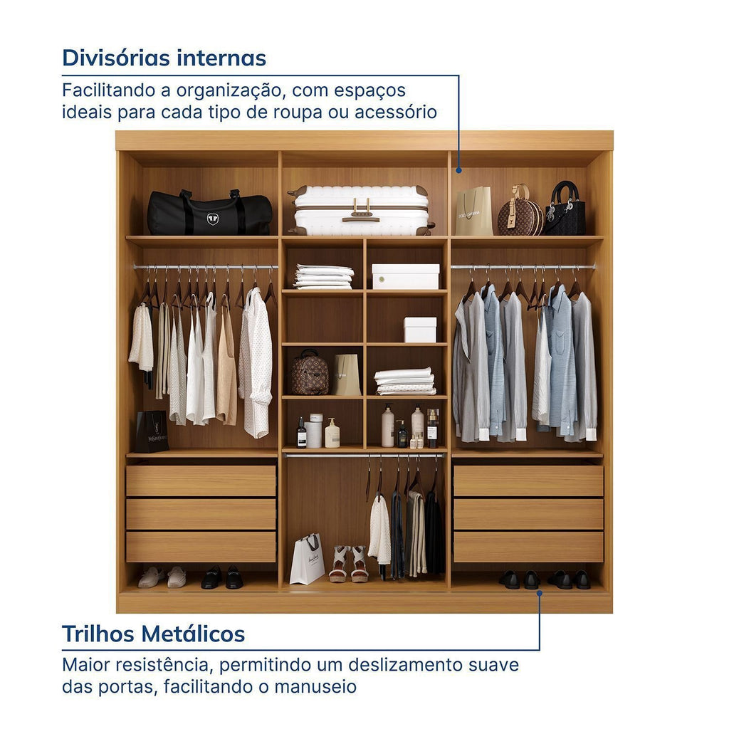 Guarda-Roupa Casal 3 Portas de Correr Samambaia CabeCasa MadeiraOriginals Carvalho