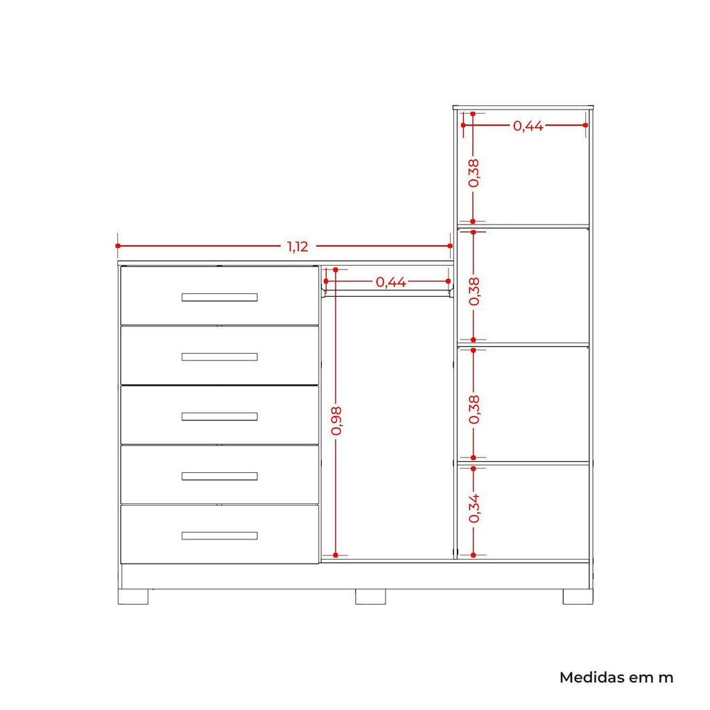 Cômoda para Quarto 5 Gavetas 2 Portas com Espelho New Master Albatroz Móveis Branco