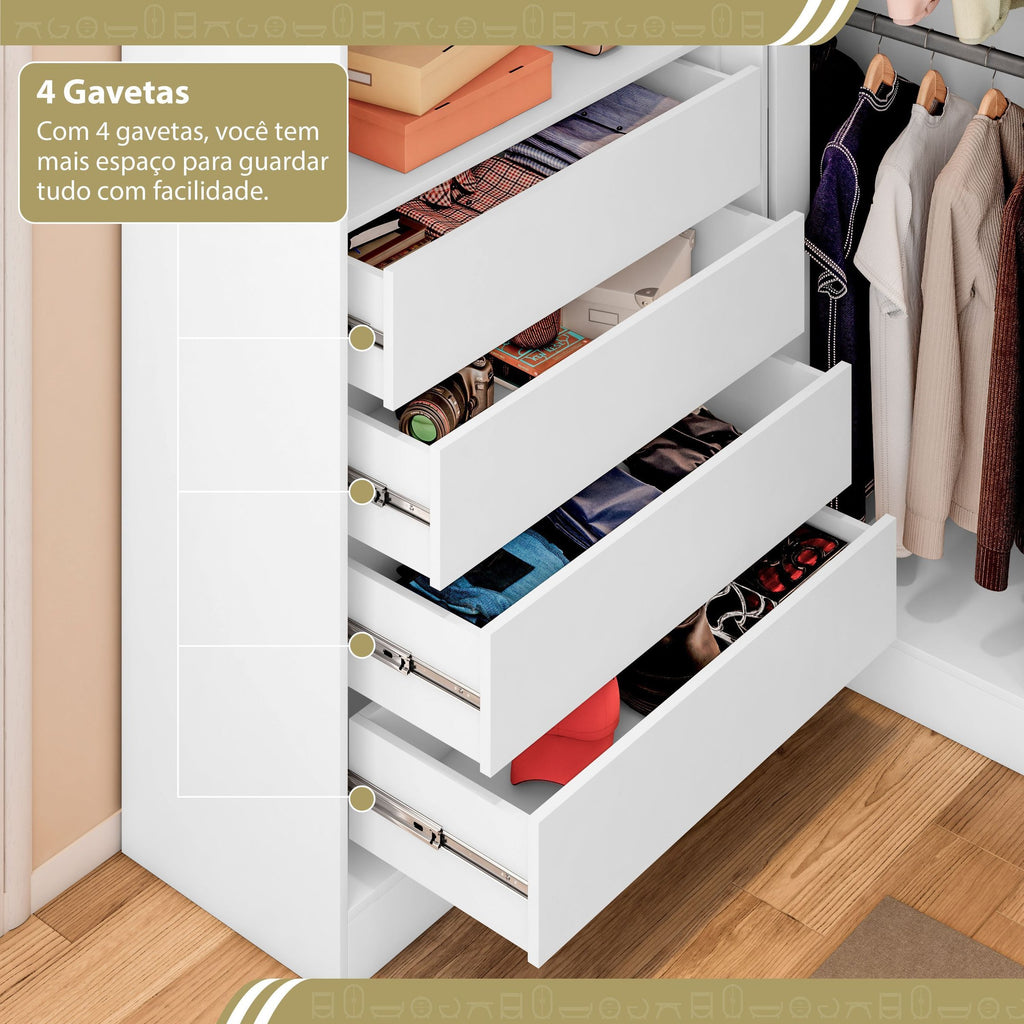 Guarda-Roupa Casal Canto 4 Portas 4 Gavetas Versatille Yescasa MDP Branco