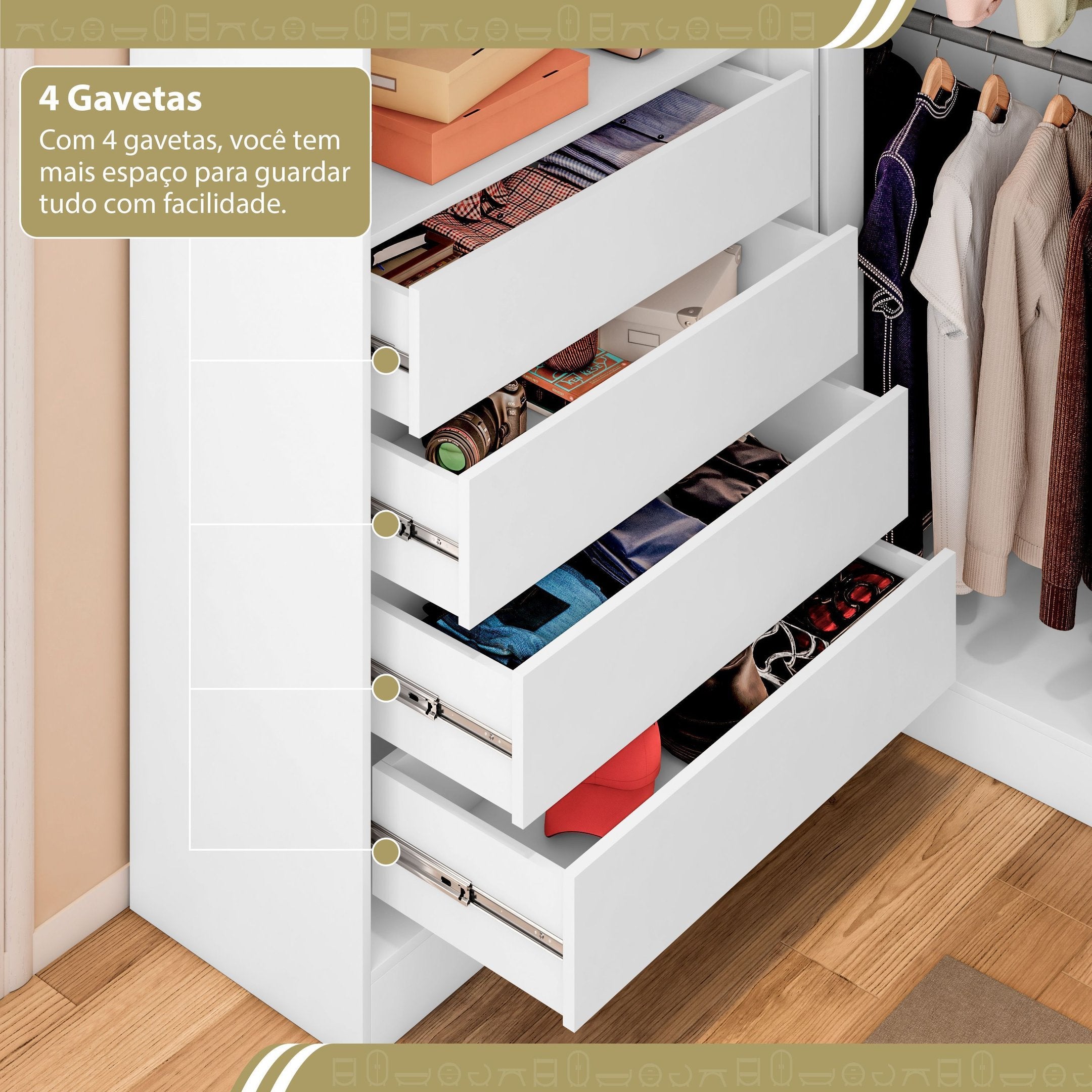 Guarda-Roupa Casal Canto 4 Portas 4 Gavetas Versatille Yescasa MDP Branco