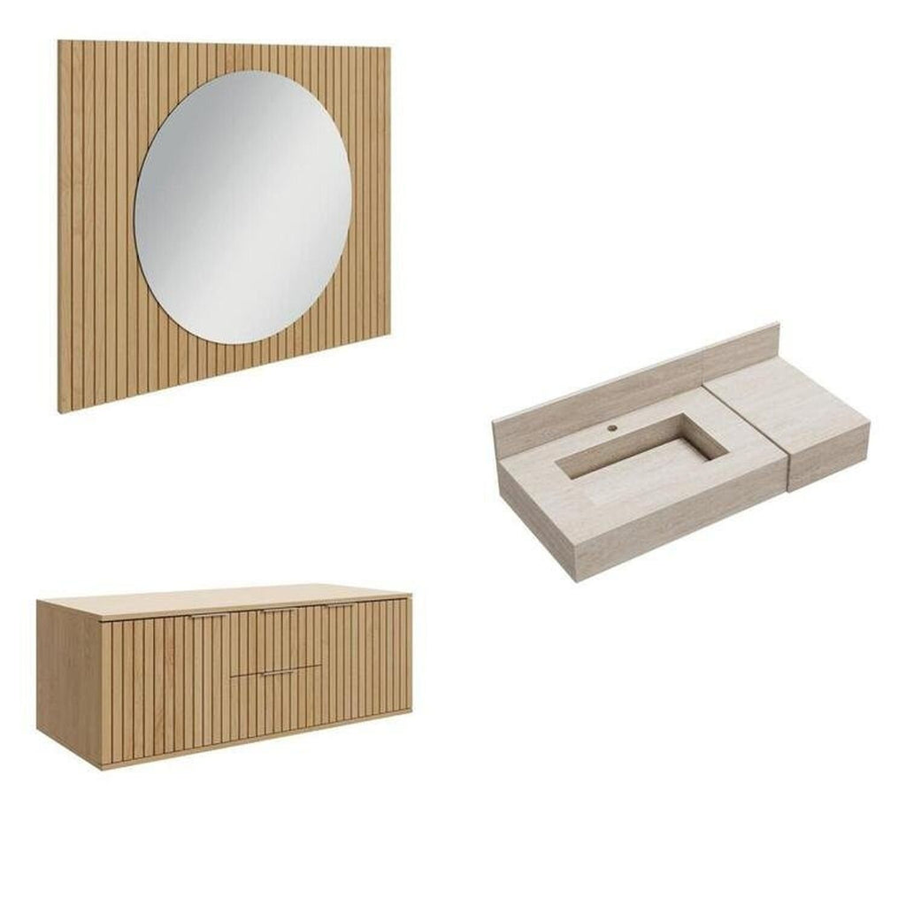 Conjunto para Banheiro Bumi Ripy 100cm Cuba Esculpida Armário e Espelho Amarelo/Wood