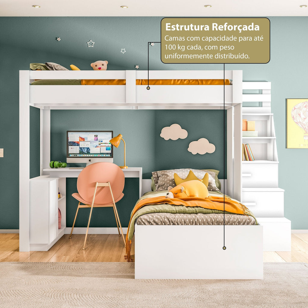 Beliche Office Infantil Moon com Escrivaninha em L e Escada 2 Portas e 2 Gavetas Yescasa Branco