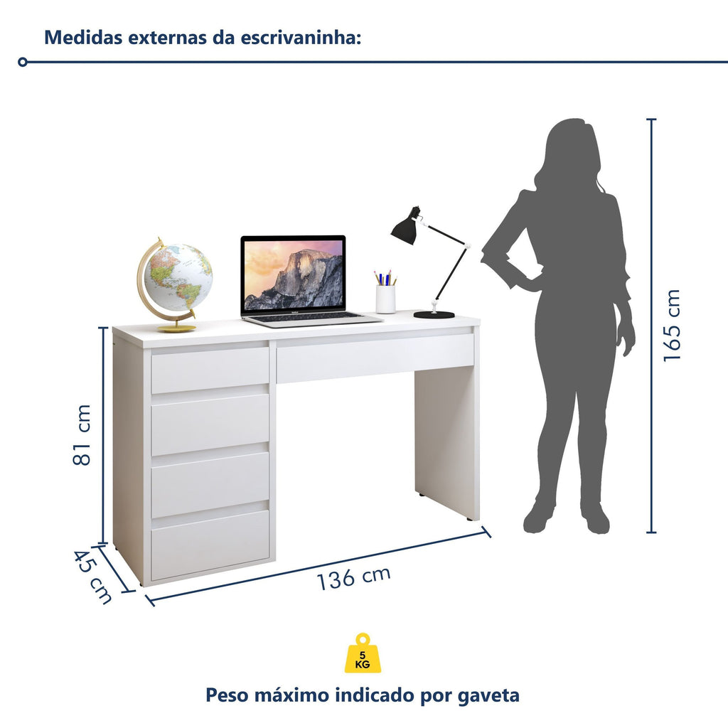 Escrivaninha 100% MDF Berlim 5 Gavetas 136cm Yescasa