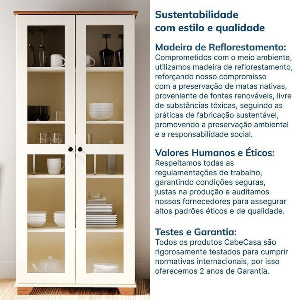 Conjunto Sala de Estar Ananda Rack Estante e Cristaleira Madeira Maciça Off White/Mel CabeCasa MadeiraMadeira