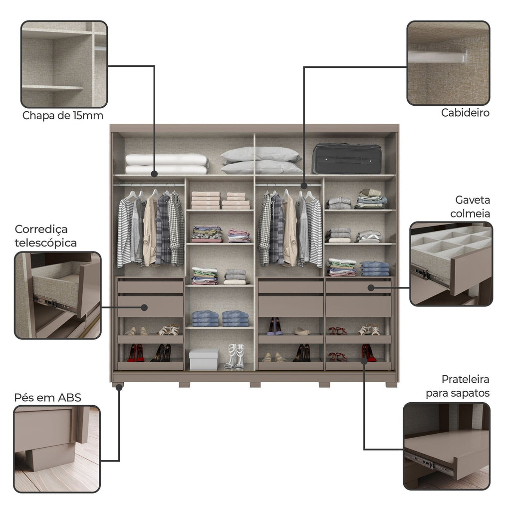 Guarda-Roupa Casal Henn Dream 2 Portas Deslizantes com Espelho 100% MDF Off White/Avelã