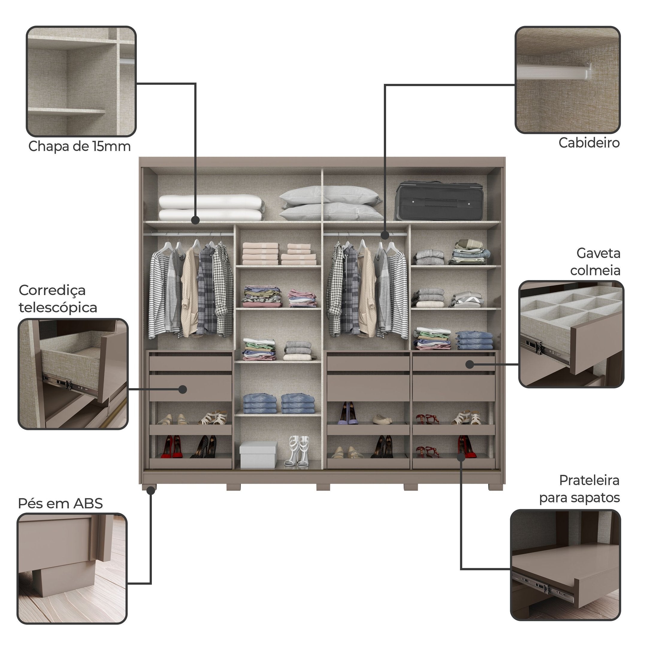 Guarda-Roupa Casal Henn Dream 2 Portas Deslizantes com Espelho 100% MDF Off White/Avelã