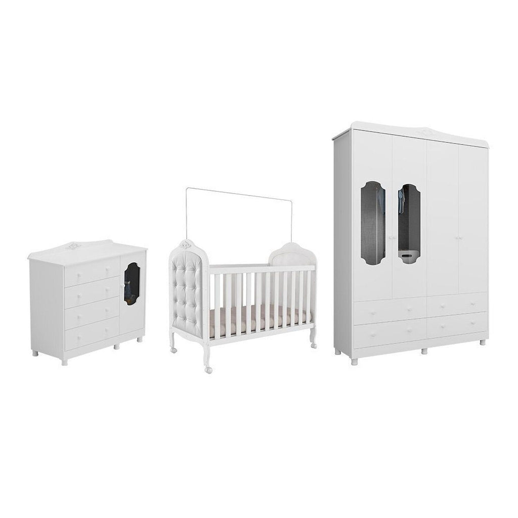 Quarto de Bebê com Guarda-Roupa Cômoda e Berço com Capitonê Maya Provençal 100% MDF Yescasa Branco/B
