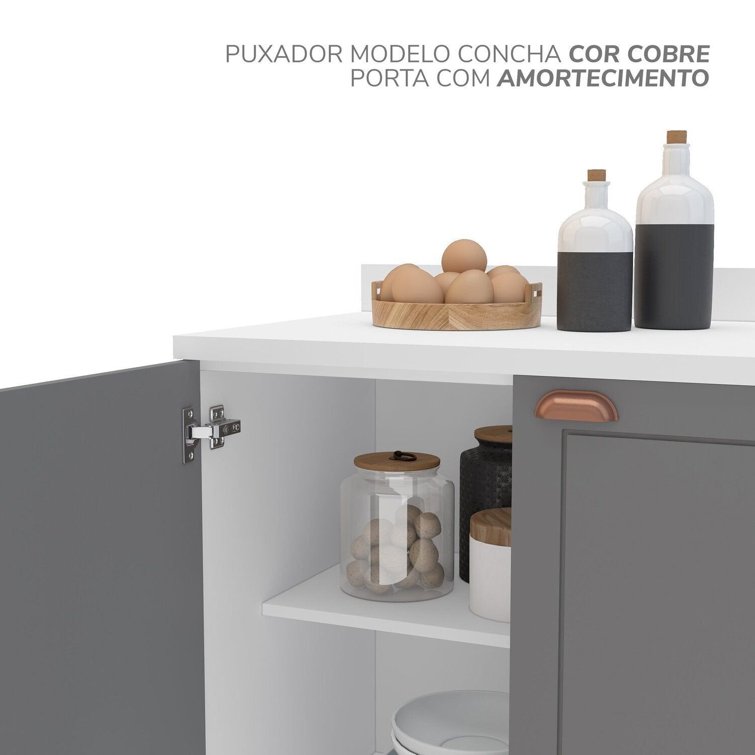 Cozinha Completa Pérola Yescasa 5 Peças Torre Quente Aéreo 3 Portas Balcão 2 Gavetas Basculante Cinza/Branco 270,2x219,4x52cm