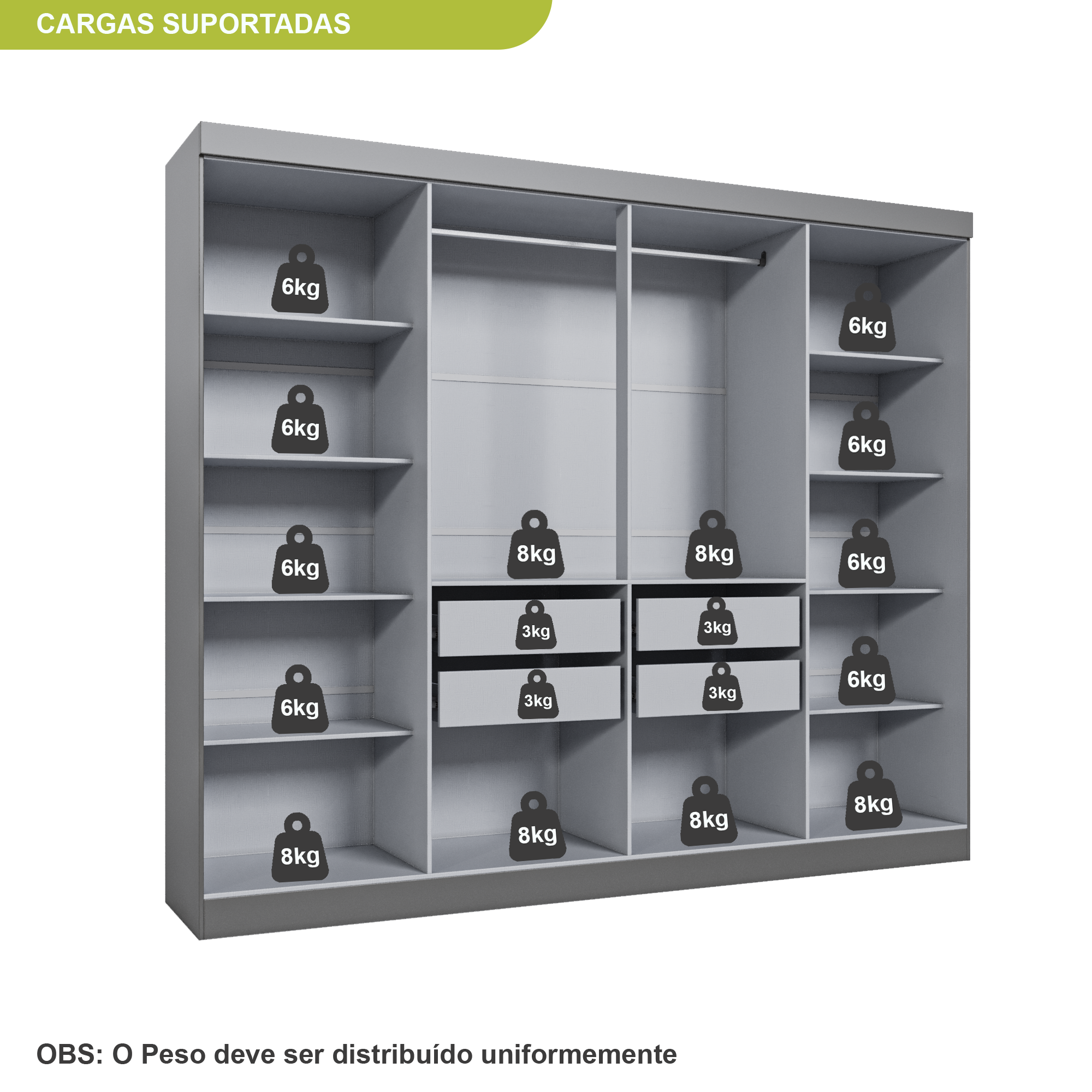 Guarda-Roupa Casal 8 Portas 4 Gavetas Paris Espresso Móveis 100% MDP Cinza/Ônix