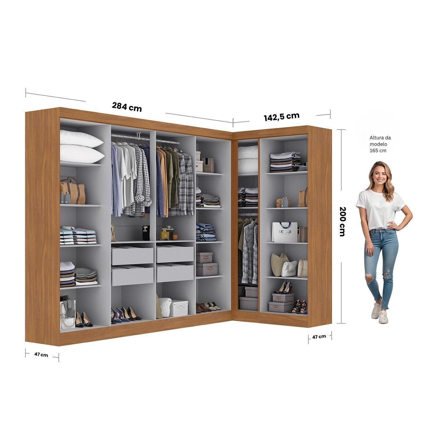 Guarda-Roupa Modulado de Canto 11 Portas 4 Gavetas Paris Maxel 100% MDF Off White/Cinamomo