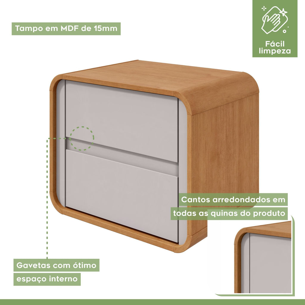 Kit 3 Peças com 2 Camas de Solteiro e Mesa de Cabeceira Loop Bege Amêndoa Clean/Off White Móveis Lopas