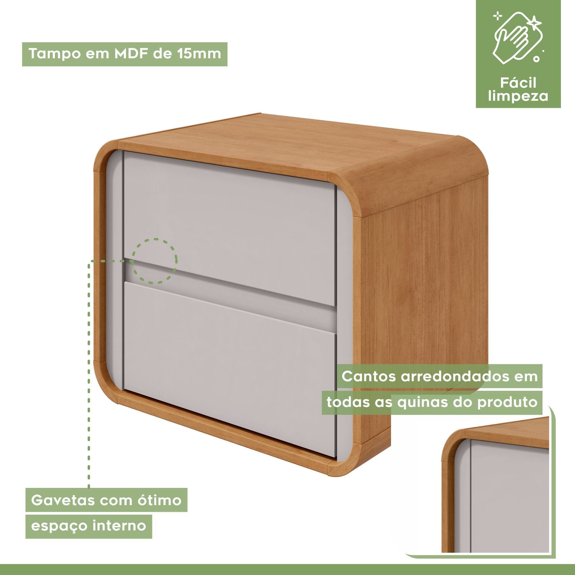 Kit 3 Peças com 2 Camas de Solteiro e Mesa de Cabeceira Loop Bege Amêndoa Clean/Off White Móveis Lopas