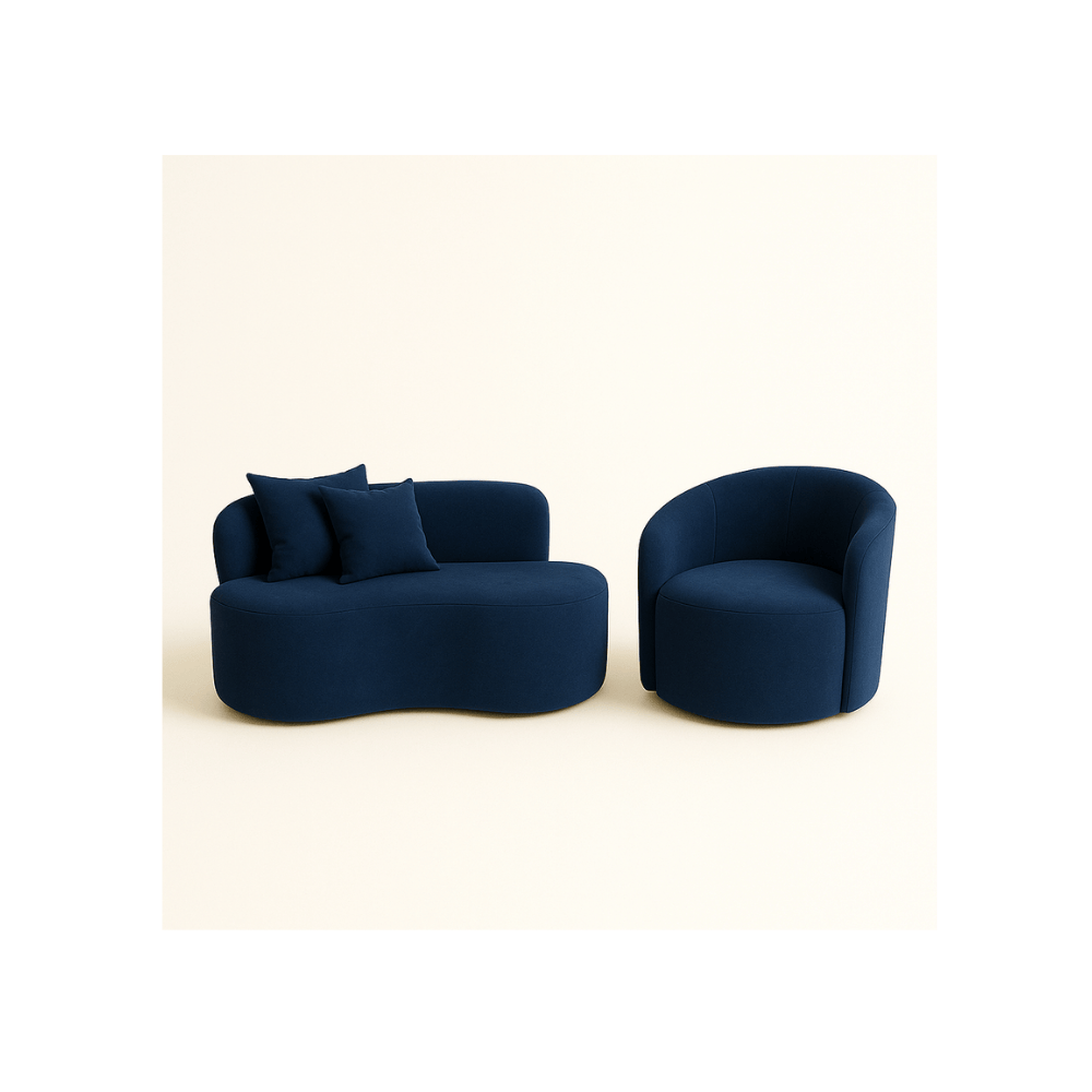 Conjunto Sala de Estar Gaia 1 Poltrona Sofá 4 Lugares Puff Curvo Suede Azul Marinho MD Montanaris Decor