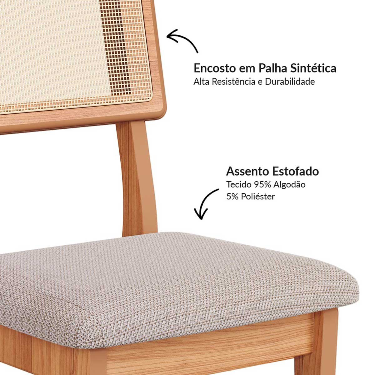 Conjunto de Jantar Mesa Redonda MDF 4 Cadeiras Tela Palha Freijó Off White Cesare Claro Dalla Costa