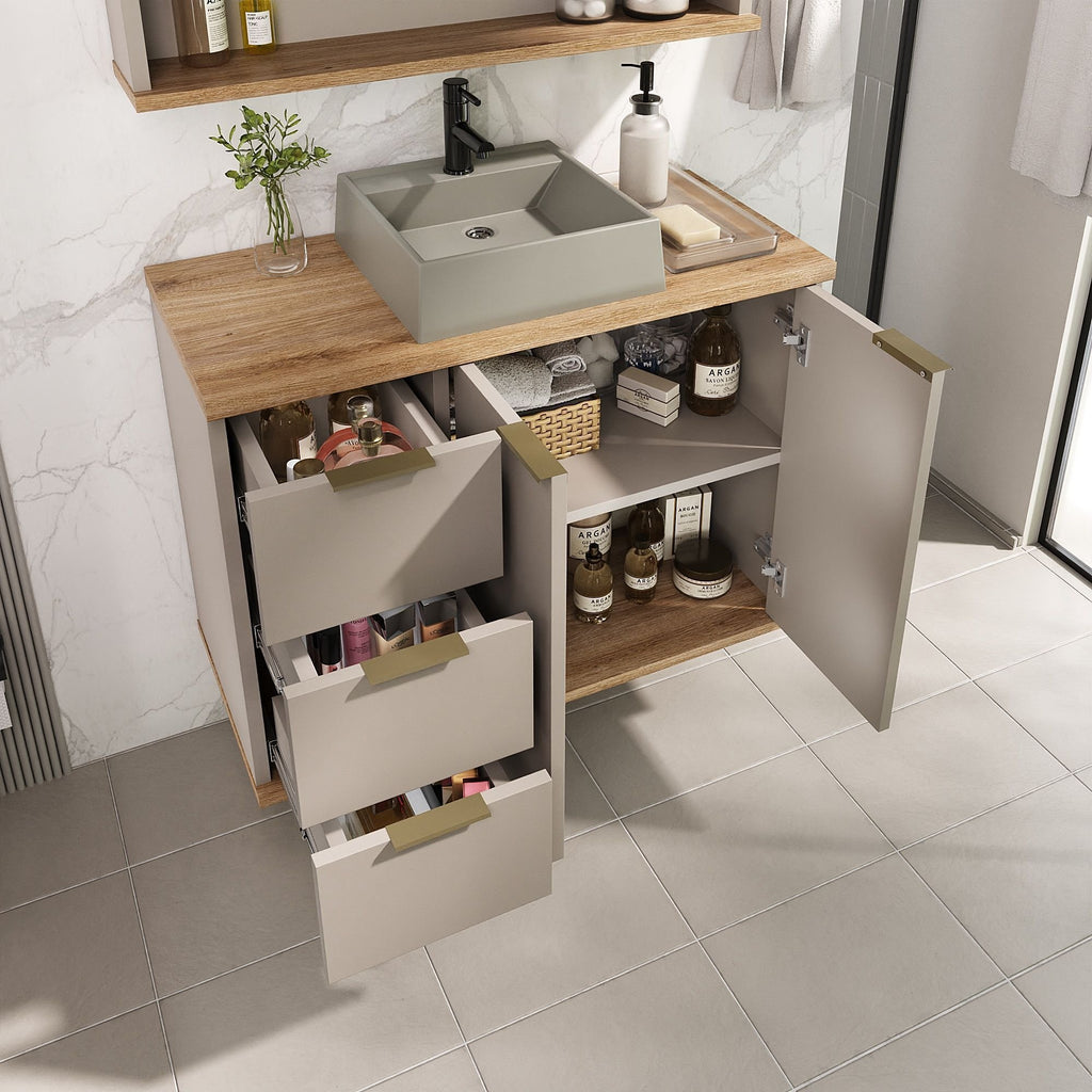 Conjunto para Banheiro Completo com Gabinete, Cuba e Espelheira York Estilare 76cm Bege/Nude