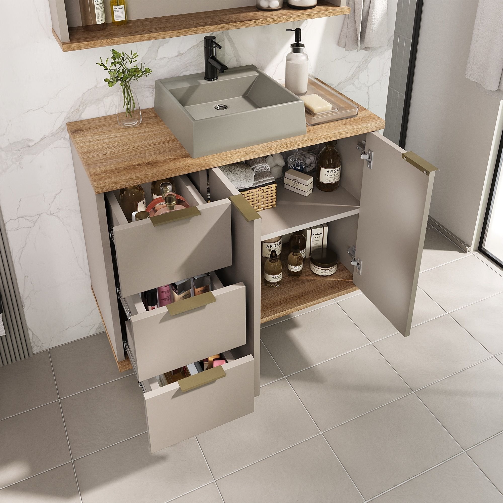 Conjunto para Banheiro Completo com Gabinete, Cuba e Espelheira York Estilare 76cm Bege/Nude