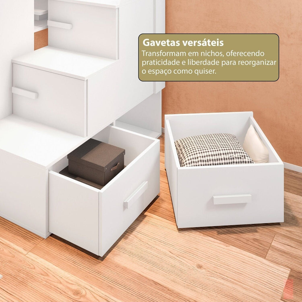 Cama Alta Beliche Office Infantil com Roupeiro e Escrivaninha Moon Yescasa Branco