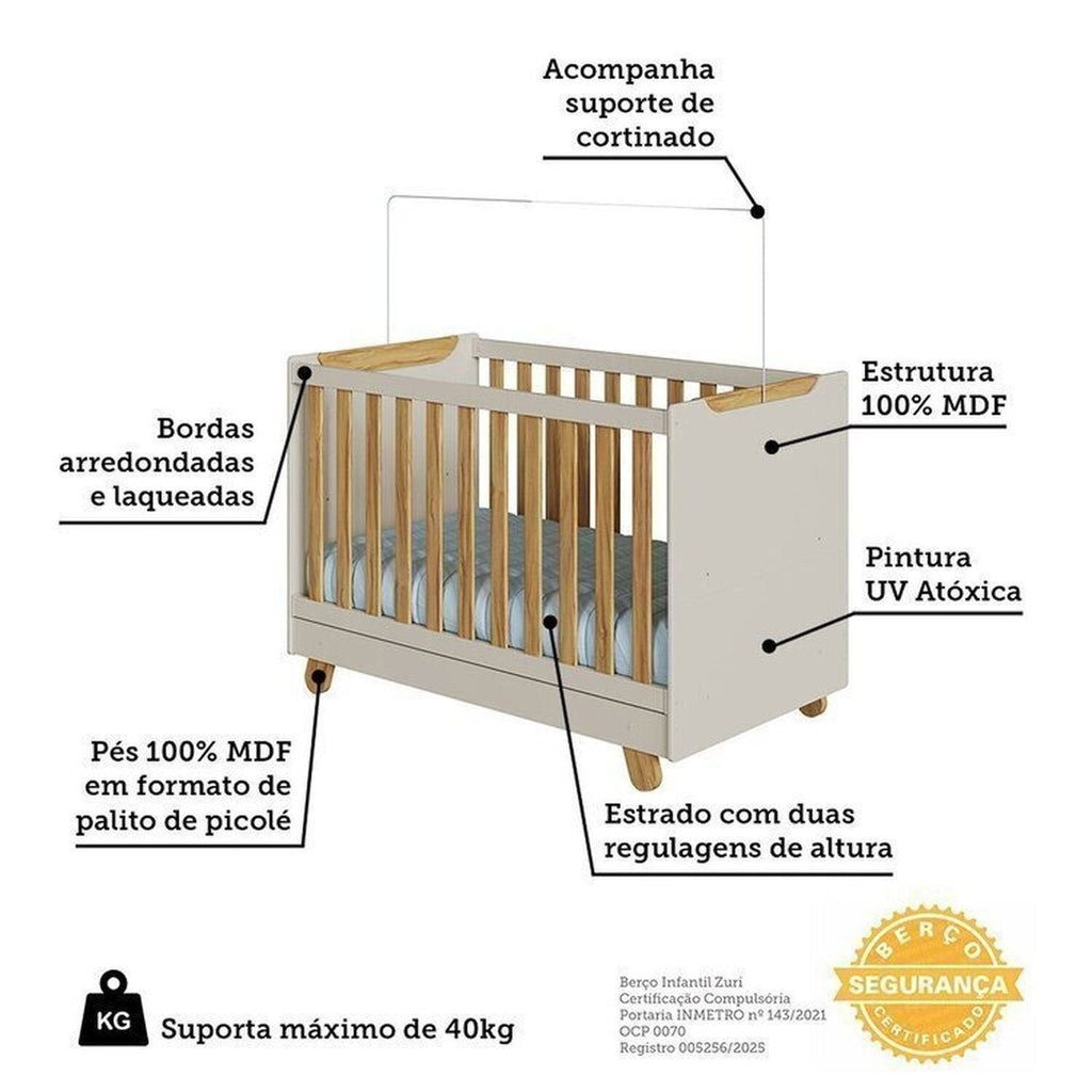 Quarto de Bebê Cômoda e Berço Minicama 4 em 1 Levy 100% MDF Espresso Móveis Bege/Amêndoa/Off White