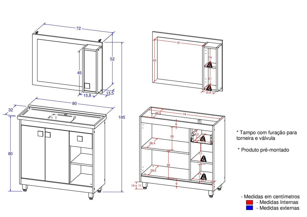 Conjunto para Banheiro Gabinete Suspenso com Cuba e Espelheira Essenza Ozini 80cm Branco