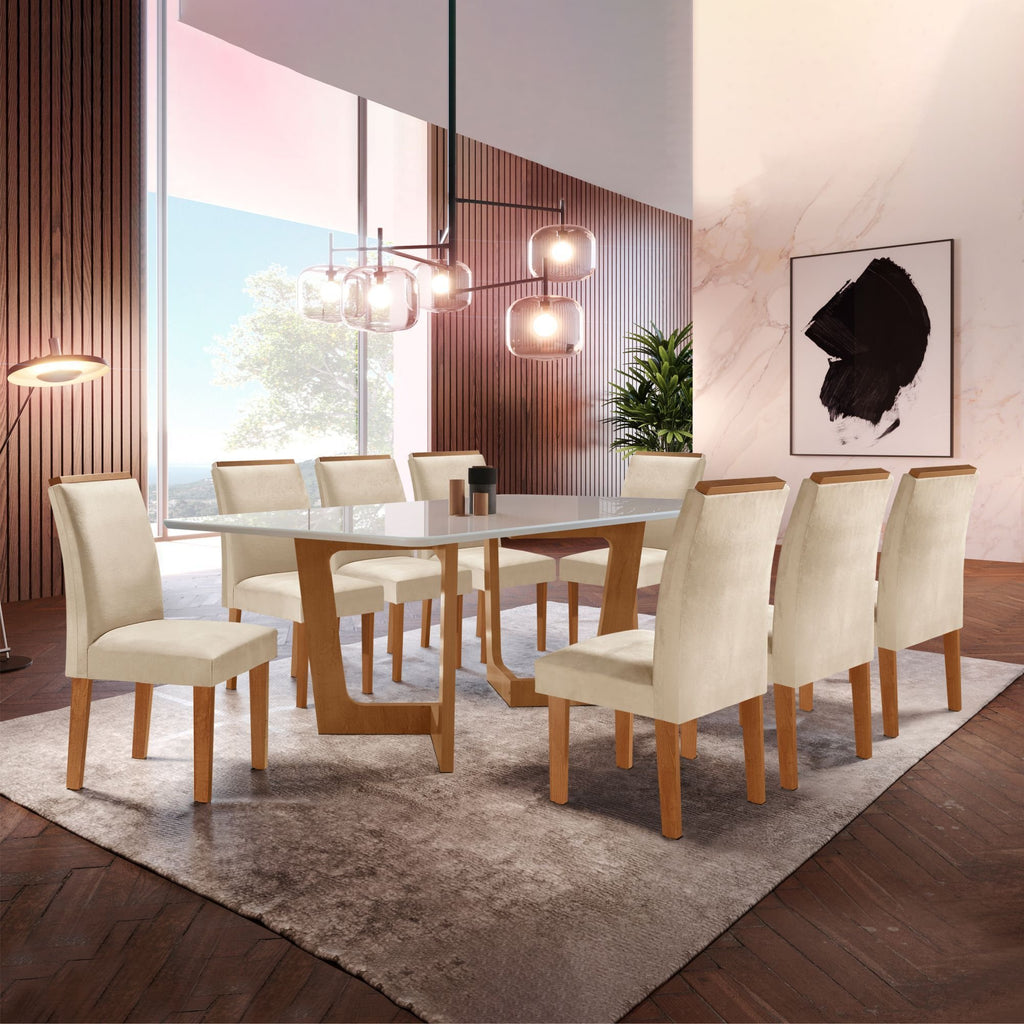 Conjunto Sala de Jantar Mesa Retangular Tampo Vidro/MDF com 8 Cadeiras Luísa Smart Plus Cel Móveis